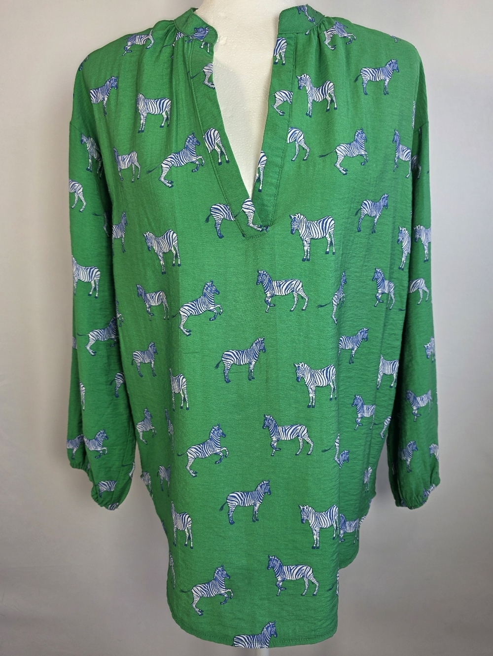 Michelle McDowell Zebra Print Blouse Green Tunic Top Boho Preppy V Neck Size M